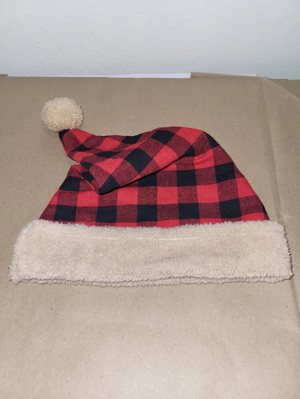 Plaid Red and Black Kids Santa Hat with Cream Trim